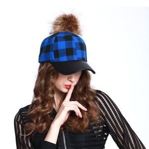 Angela & William Plaid Wool Baseball Cap with Faux Fur Pompom